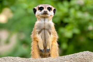 Fototapeta premium A curious meerkat standing on its hind legs, scanning the horizon in the middle of the savannah