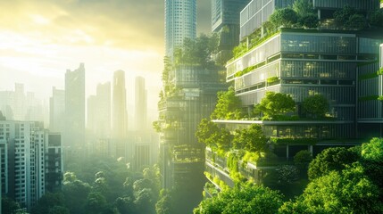 Obraz premium Innovative sustainable urban landscape concept integrating green architecture and Eco friendly futuristic planning for a modern cityscape. Image of green city. copy space for text.