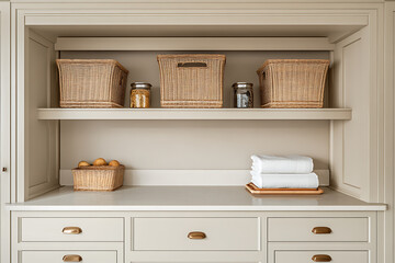 Fototapeta premium Organized Home Storage: Beige Kitchen Cabinet with Wicker Baskets and Neat Arrangement