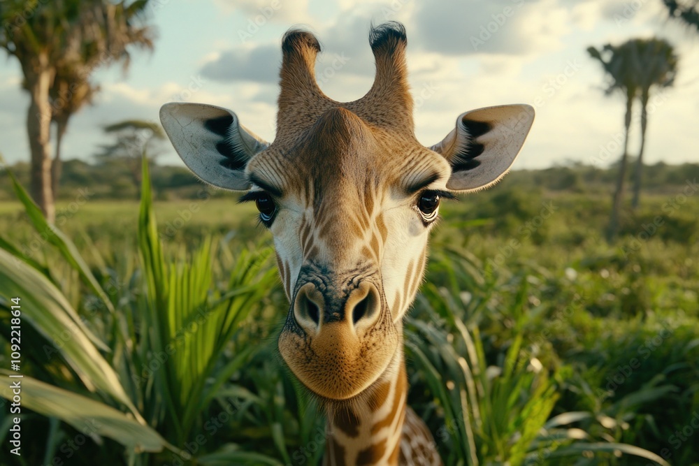 Poster a close-up of a giraffe in a lush, green environment, showcasing its unique features.