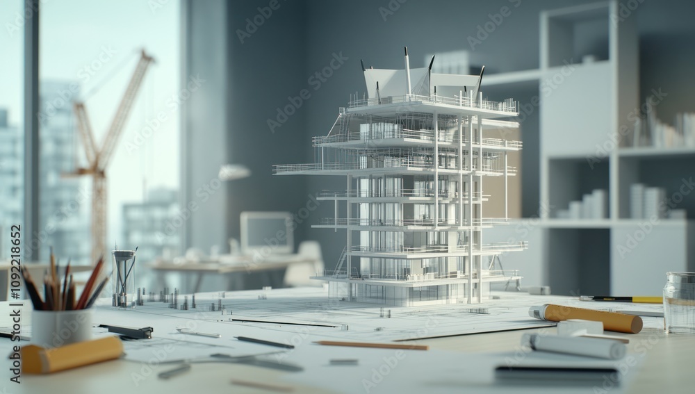 Poster A detailed architectural model on a desk, showcasing design and construction planning.