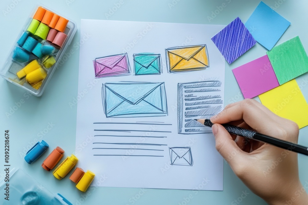 Aufkleber A hand sketches colorful envelopes and notes for a design project on a workspace.