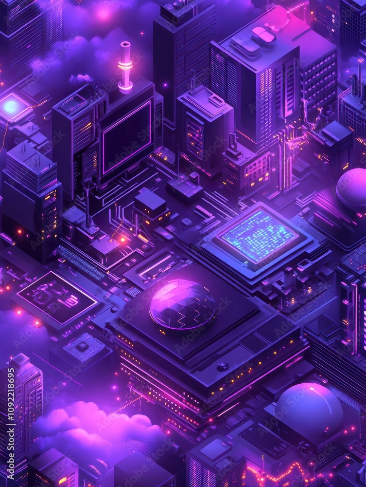Poster isometric blockchain application landing page concept. blockchain technology as application platform