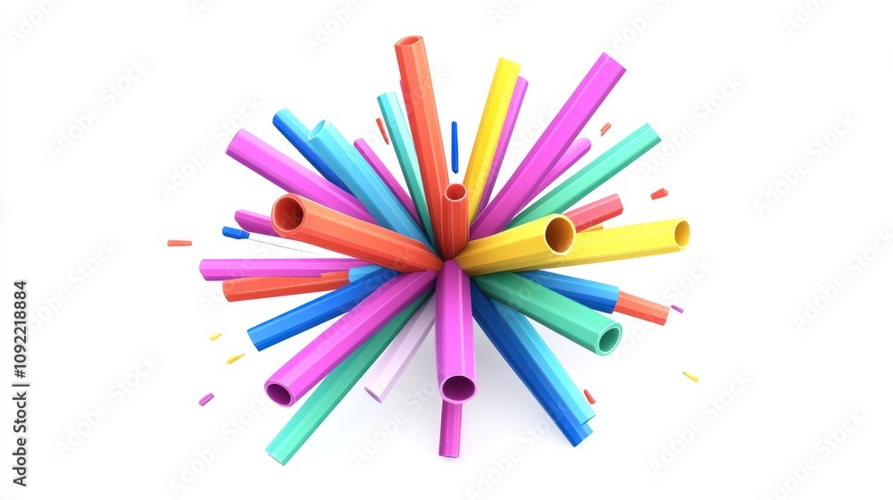 Poster a colorful explosion of hollow tubes arranged dynamically in a vibrant display.