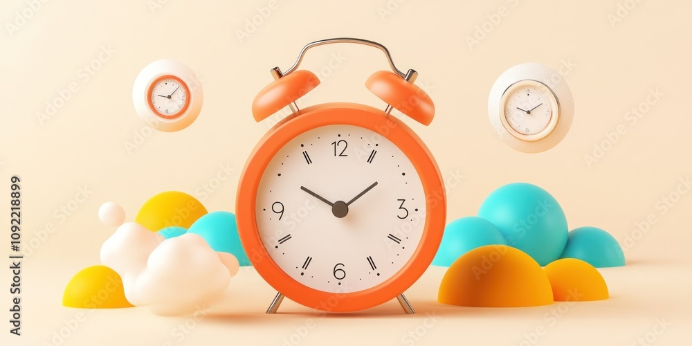 Poster A colorful alarm clock surrounded by playful shapes, symbolizing time and creativity.