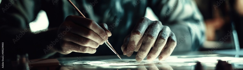 Poster a close-up of hands using a brush on a surface, suggesting artistic creation or restoration.
