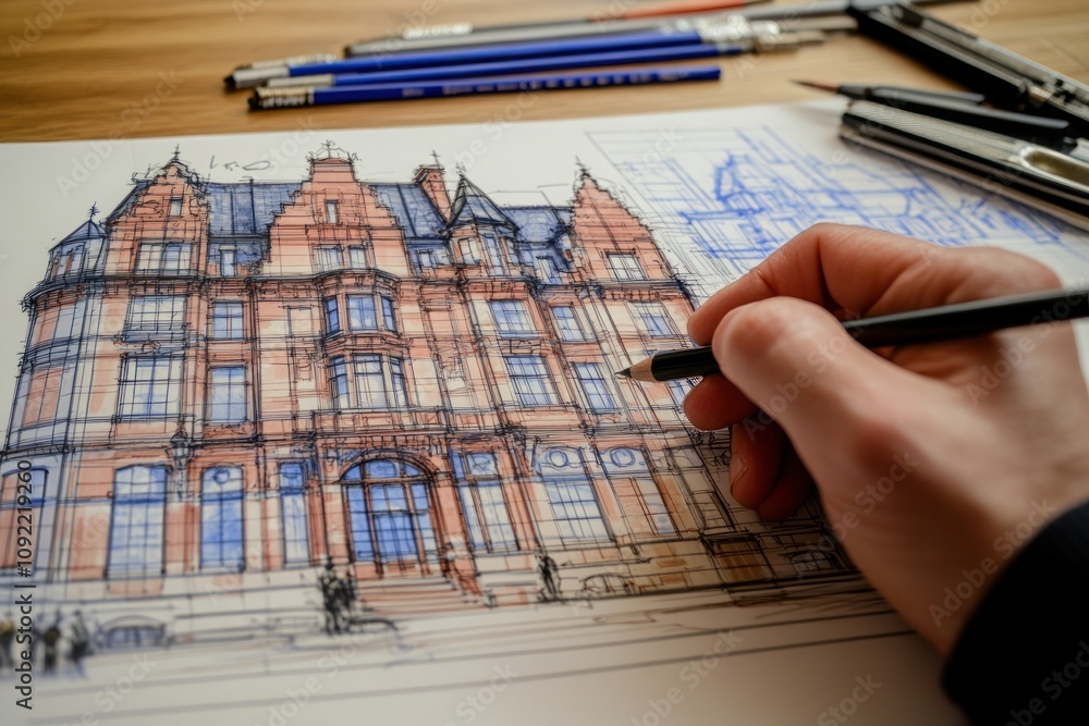 Poster A hand sketches an architectural design of a building with blueprints and drawing tools nearby.
