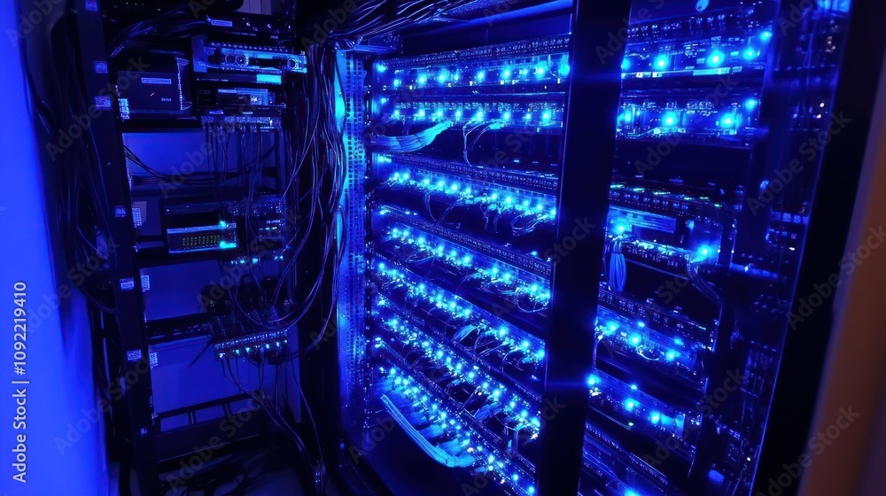 Poster illuminated server rack with complex wiring and components