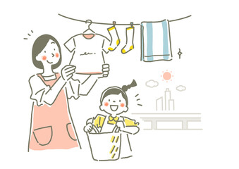 一緒に洗濯物を干すお母さんと女の子　お洒落でかわいい手描きイラスト