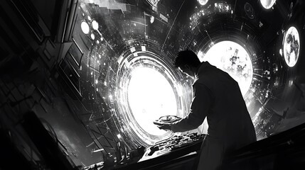 A lone figure in a futuristic, circular room, facing a bright portal.