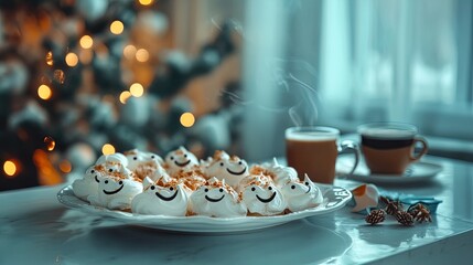 Whimsical Festive Meringue Snowmen: Perfect for Holiday Decor and Sports Interiors, Featuring Hot Cocoa and Glowing Bokeh Lights - Embrace the Cheer in Style!