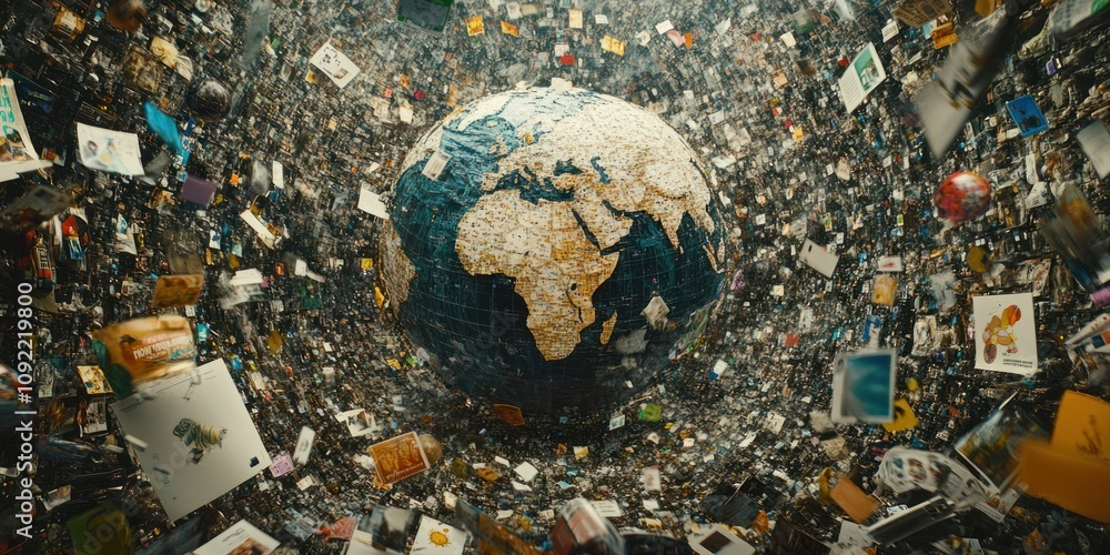Poster a globe surrounded by a chaotic mix of images, symbolizing information overload.