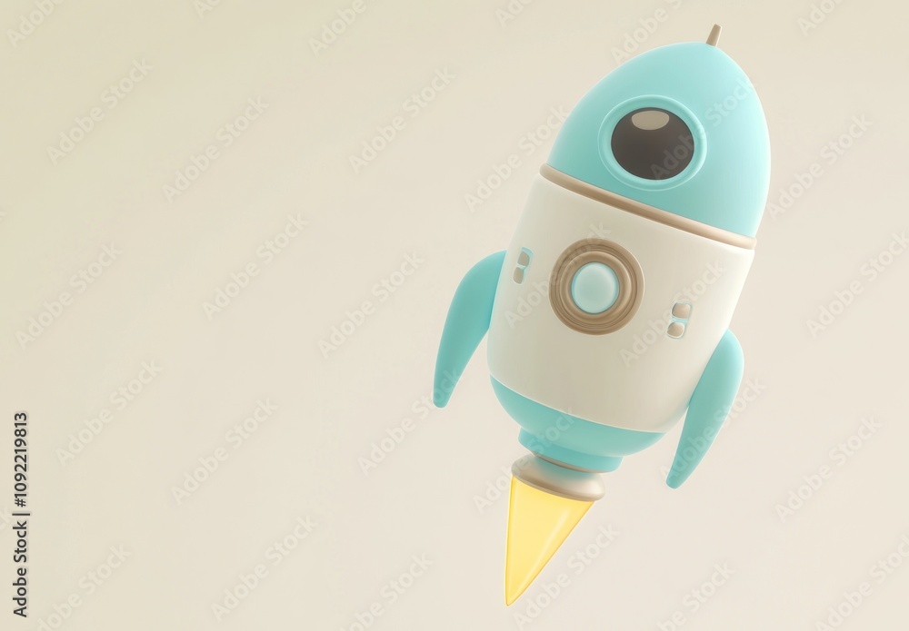 Poster a stylized rocket with a light blue and white design, representing space exploration.