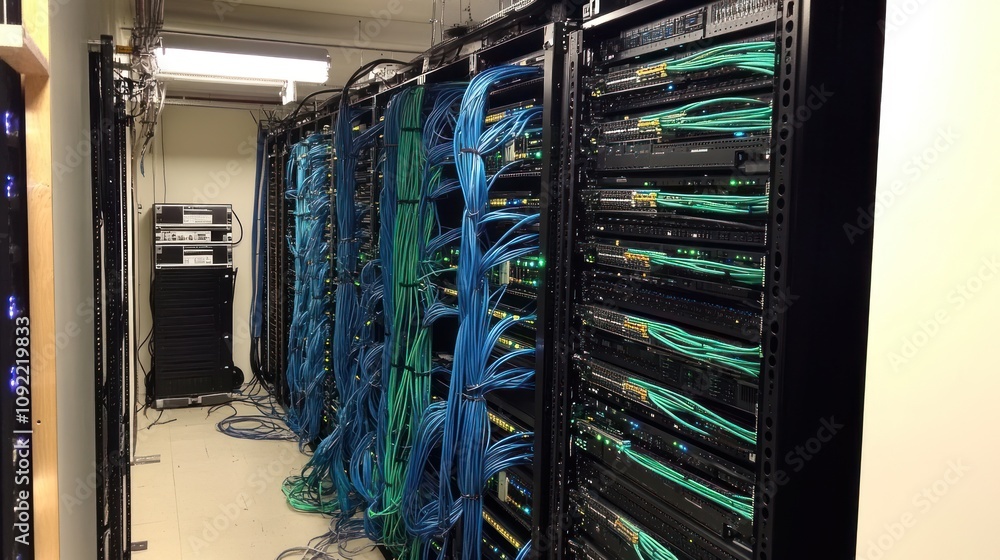 Poster Network Server Room With Extensive Cabling And Equipment