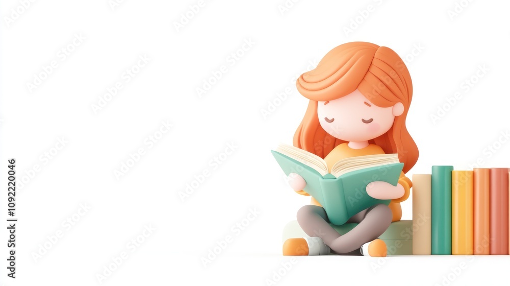 Poster a stylized girl reading a book with colorful books in the background.