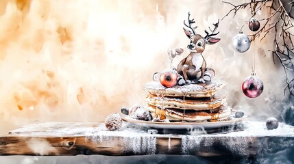 Cozy Reindeer-Themed Holiday Breakfast: Fluffy Pancakes and Festive Ornaments Perfect for a Sports Interior Poster!