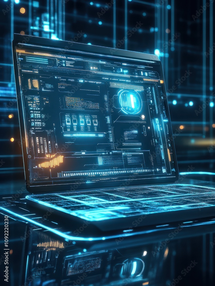 Poster modern notebook computer with future technology media symbols