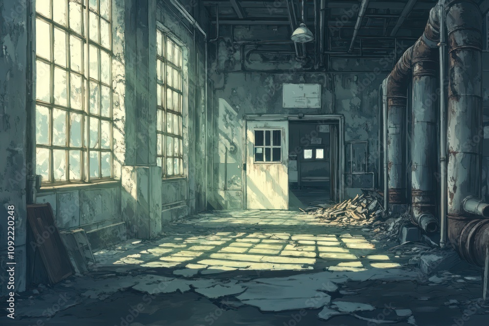 Poster An abandoned industrial space with sunlight streaming through dusty windows.