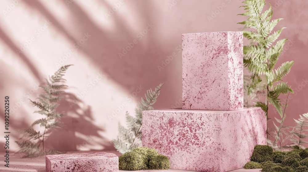 Aufkleber a serene composition of textured pink blocks and greenery against a soft background.