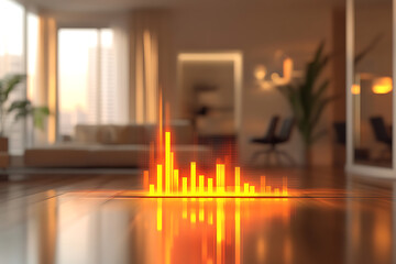 Abstract Business Growth Concept: Dynamic Data Visualization in Modern Office Interior.  Financial Success, Technology Innovation, and Future Trends.