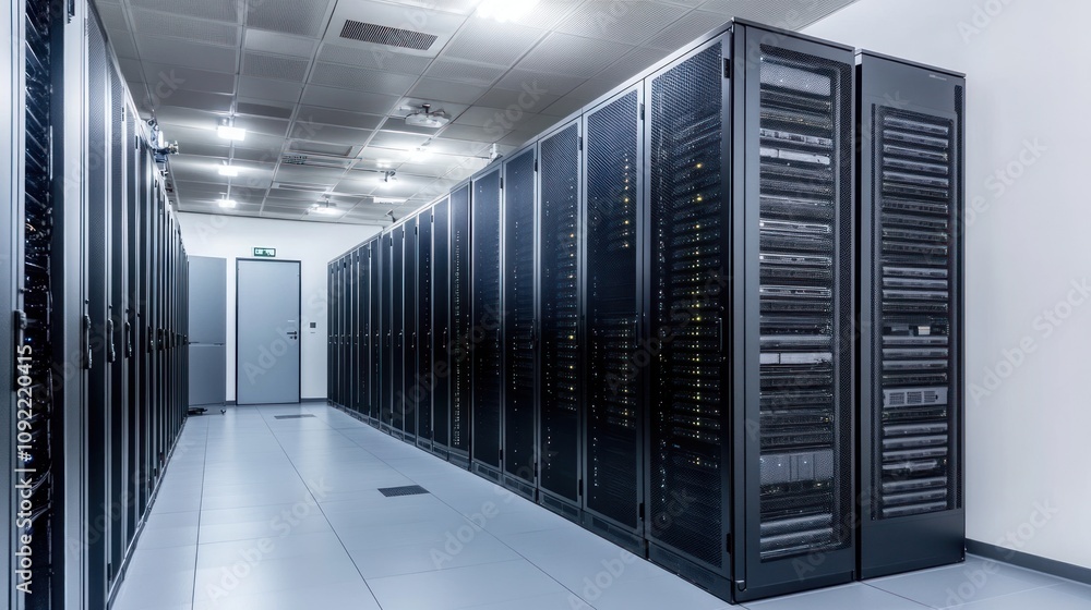 Poster modern data center server room with many servers