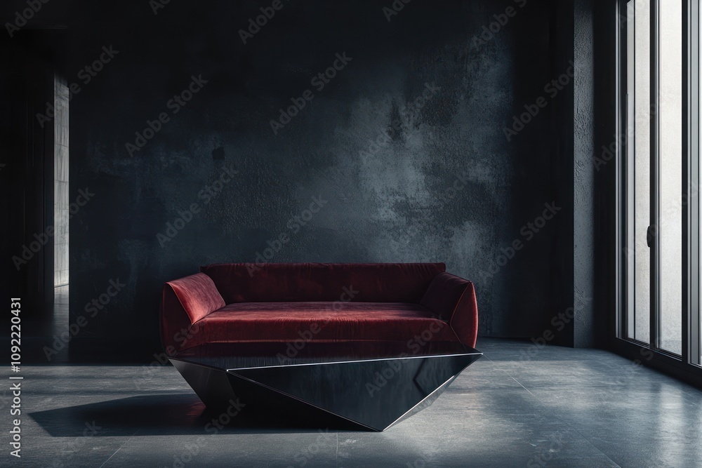 Poster a modern, geometric sofa in a minimalist dark room with large windows.