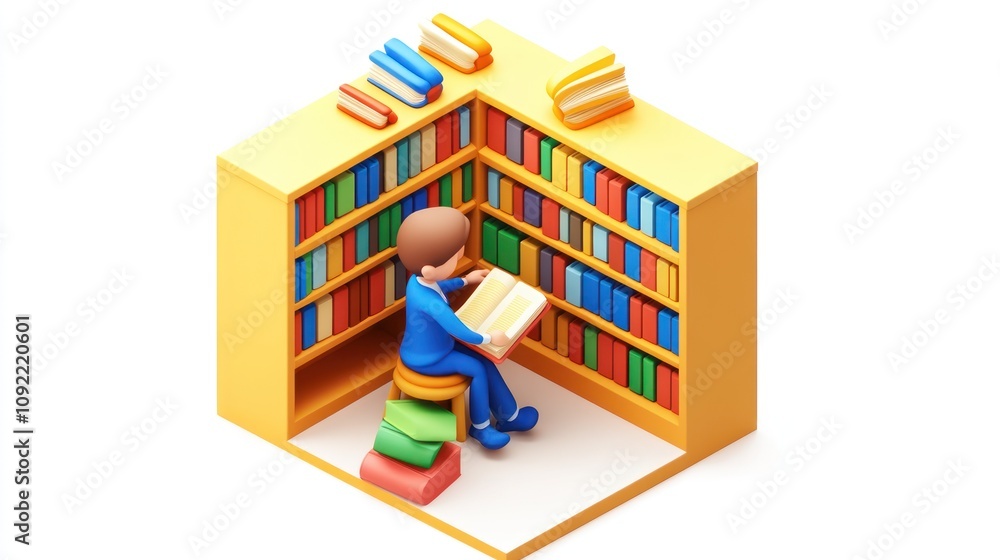 Poster a person reading in a cozy library corner surrounded by colorful books.