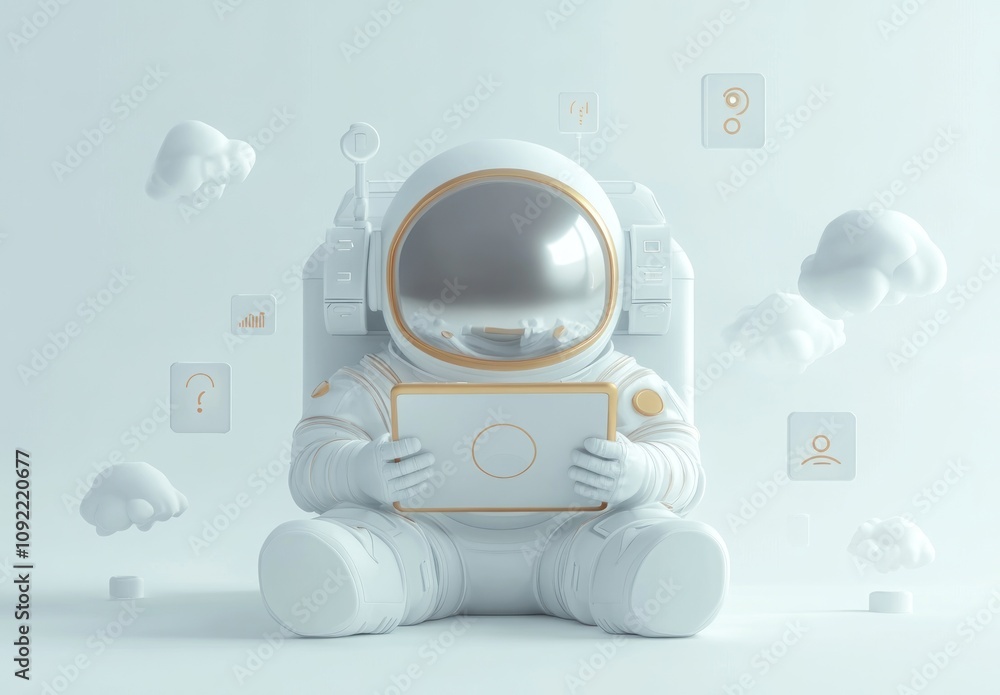 Poster A white astronaut using a tablet, surrounded by floating icons in a minimalist setting.