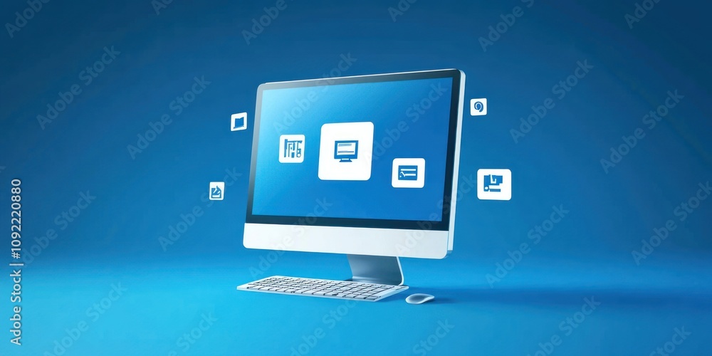 Poster A computer monitor with icons representing digital communication and transactions.