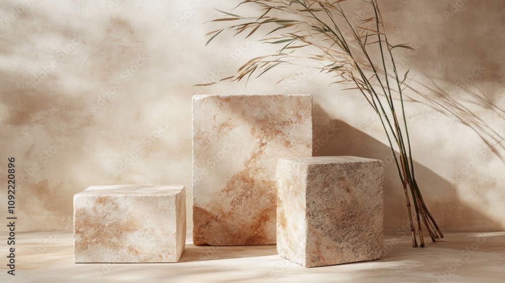 Poster a serene composition of textured blocks and natural elements against a soft background.