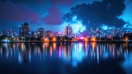 Obraz premium Night cityscape with glowing lights and reflections in water