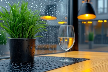 A moody aesthetic featuring rain droplets on a foggy window, with warm lighting inside a rustic cafe