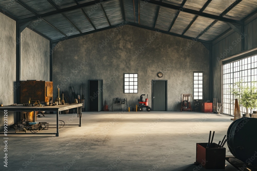 Poster a spacious, industrial workshop with tools and equipment, ready for various projects.