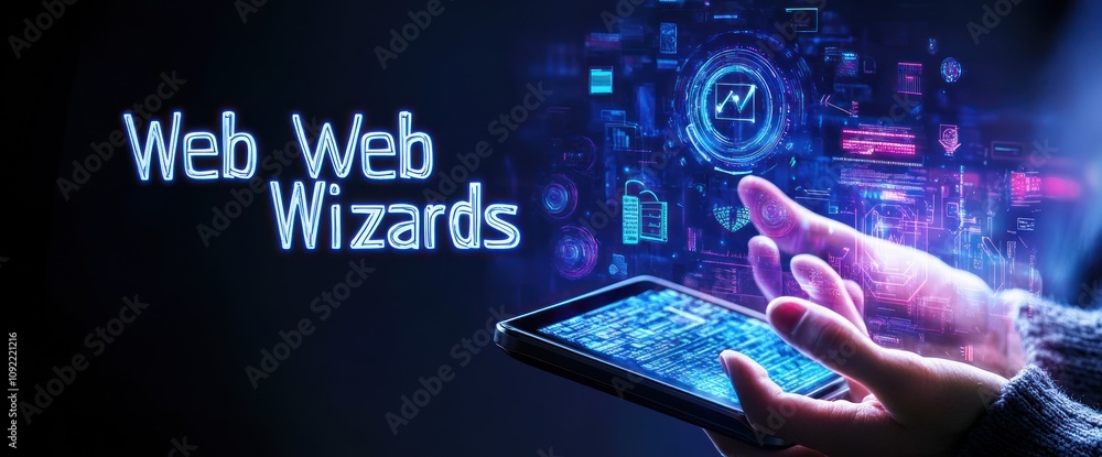 Poster A digital-themed image featuring hands holding a tablet with tech graphics and text.