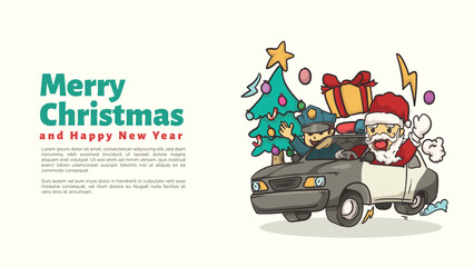 santa clause ride police car for policeman chirstmas and happy new year greeting card and web page template vector illustration © vektor junkie