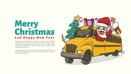 Fototapeta premium santa clause ride school bus for school bus driver, teacher and educators chirstmas and happy new year greeting card and web page template vector illustration