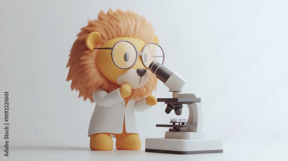 Poster A cartoon lion in a lab coat examines a microscope, blending science with playful character design.