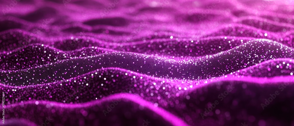 Poster A mesmerizing abstract representation of flowing waves with sparkling particles in purple hues.