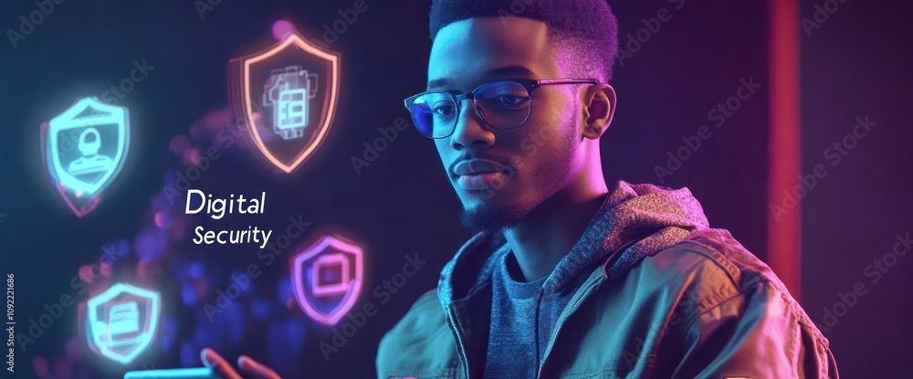 Poster a young man engaged in digital security with glowing icons around him.