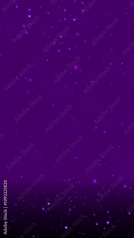 Poster purple bokeh particles floating in the air and falling to the ground on a dark background, vertical 