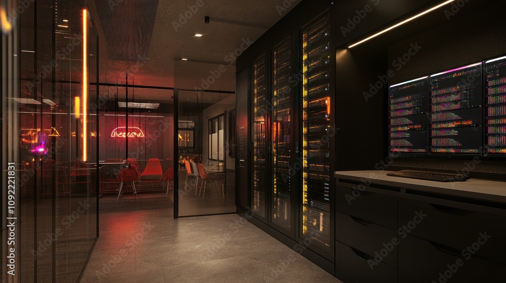 Poster Modern Server Room With Illuminated Servers And Workspace
