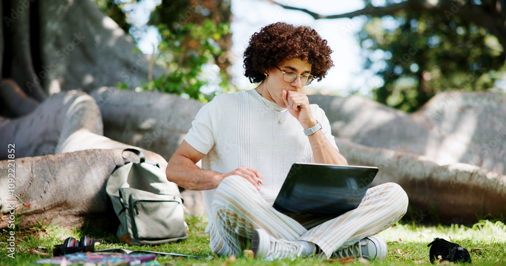 Poster tired, student and laptop in park with fatigue, burnout and overwhelmed with study research. exhaust