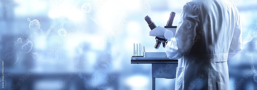 Poster a scientist in a lab coat observes through a microscope, surrounded by laboratory equipment.