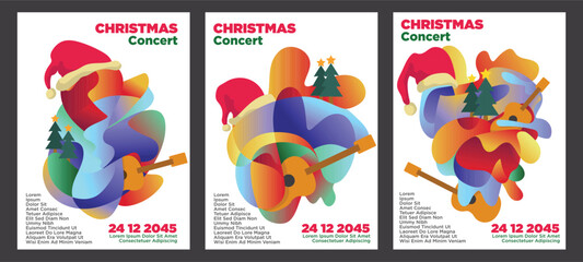  Abstract Christmas Concert Poster with Guitar and Pine Tree Decor. abstract christmas music poster set teplate vector illustration.