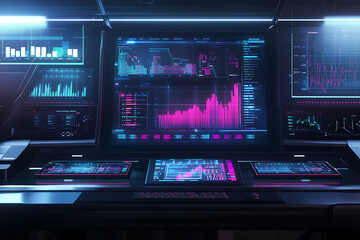 Obraz premium Futuristic Tech Dashboard: Data Analysis and Market Monitoring Interface. Neon-lit screens display charts, graphs, and financial data for stock trading and investment decisions.