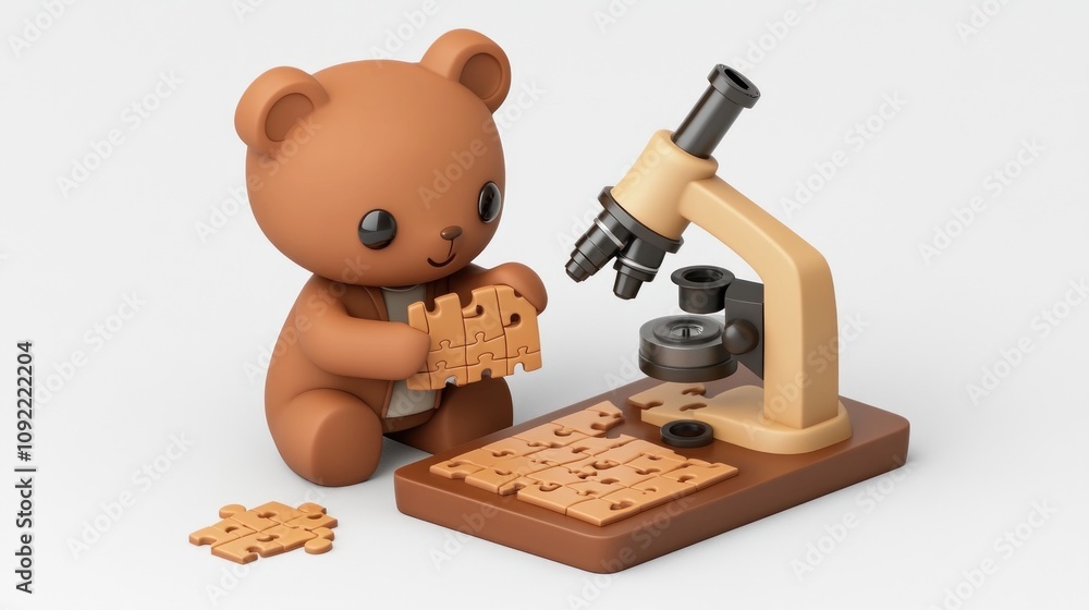 Poster a cute bear character assembling a puzzle piece under a microscope.