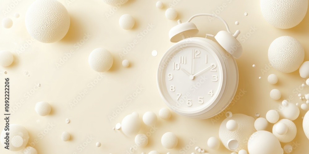 Poster a minimalist alarm clock surrounded by soft, spherical shapes on a light background.