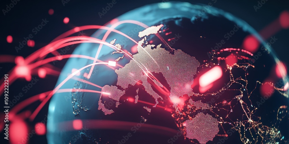 Poster A digital representation of Earth with data connections and glowing nodes highlighting Europe.