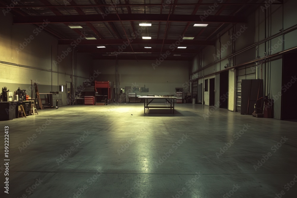 Poster a spacious, empty industrial workshop with a central table and dim lighting.