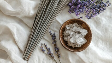 Incense sticks lavender crystal cluster on light cloth background